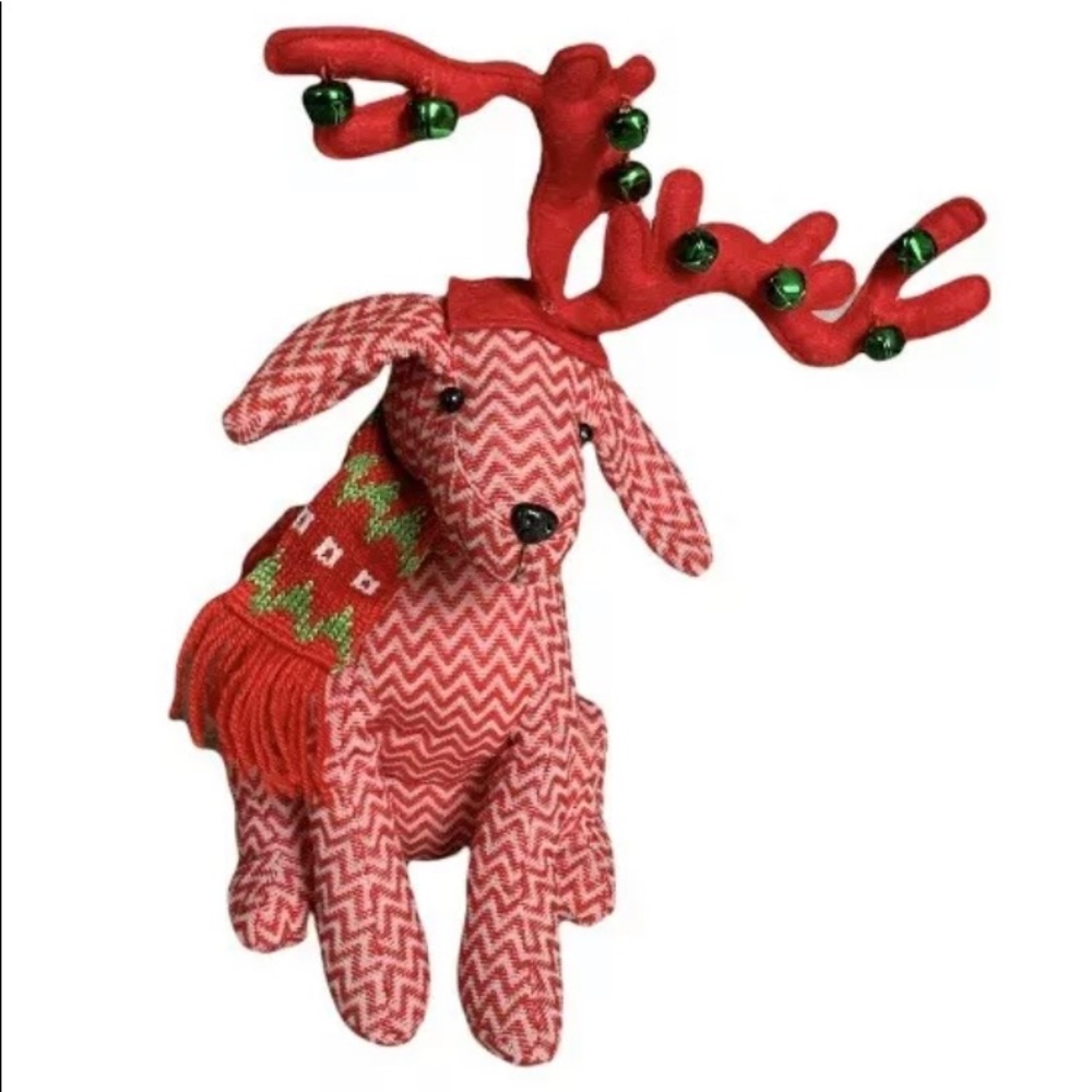 Holiday Knit Dog with Antlers And Scarf Sitting Christmas Doorstop Decor Chevron
